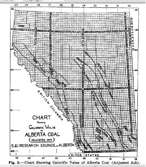 1925 chart showing the calorific value of Alberta coal across the province