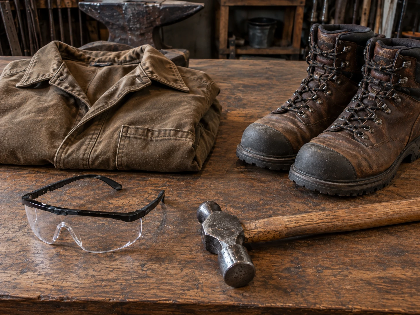 Cotton work shirt, steel-toe boots, safety glasses and a hammer laid out on a workbench